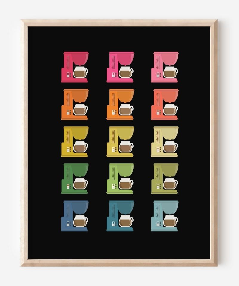 Modern art print featuring graphic colorful coffee makers in a minimalist grid on a black background, a cheerful wall art piece for kitchen decor.
