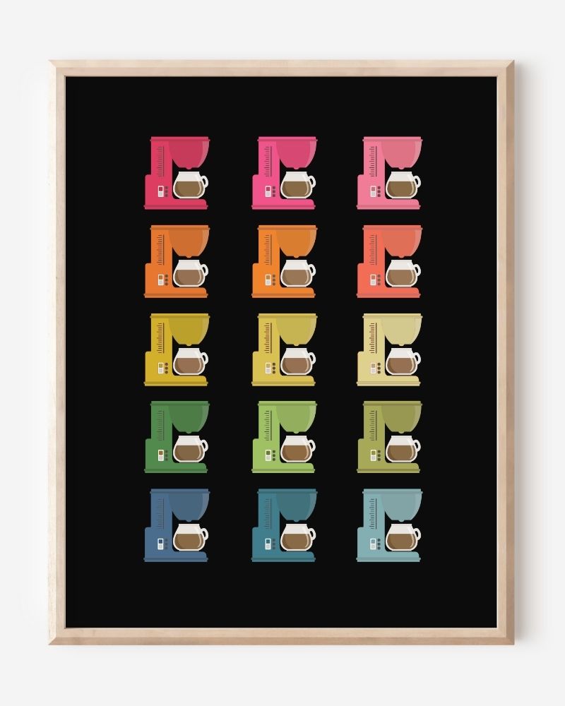 Modern art print featuring graphic colorful coffee makers in a minimalist grid on a black background, a cheerful wall art piece for kitchen decor.