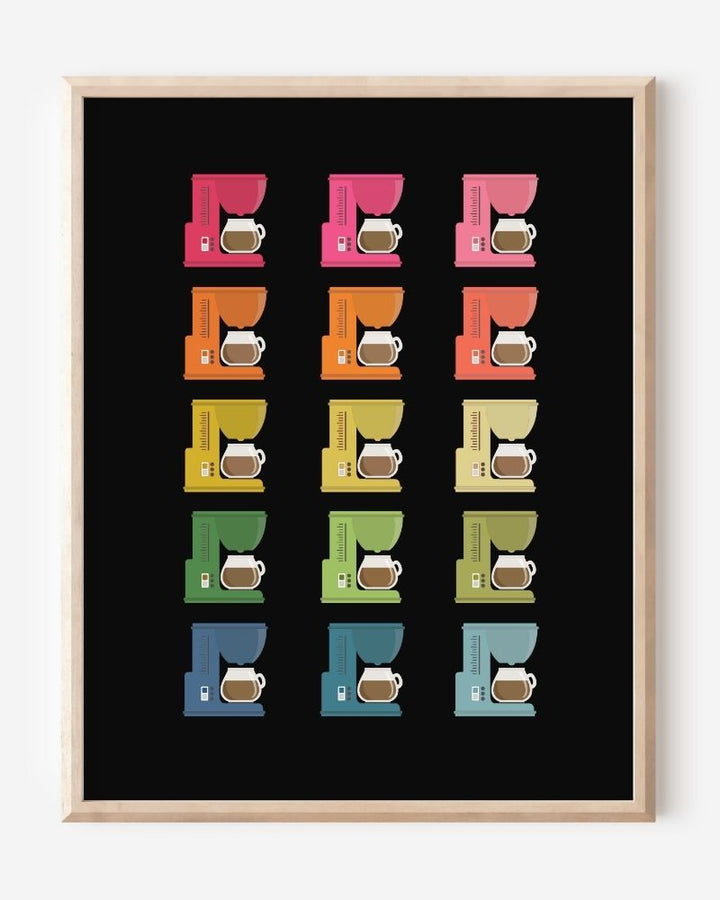 Modern art print featuring graphic colorful coffee makers in a minimalist grid on a black background, a cheerful wall art piece for kitchen decor.