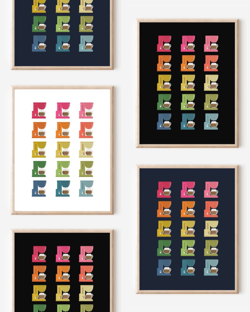 Framed art prints featuring minimalist illustrations of Coffee Makers in rainbow hues on black, navy blue and white backgrounds.