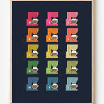 Modern art print featuring graphic colorful coffee makers in a minimalist grid on a navy background, a cheerful wall art piece for kitchen decor.