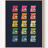 Modern art print featuring graphic colorful coffee makers in a minimalist grid on a navy background, a cheerful wall art piece for kitchen decor.
