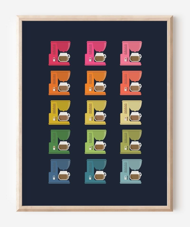 Modern art print featuring graphic colorful coffee makers in a minimalist grid on a navy background, a cheerful wall art piece for kitchen decor.