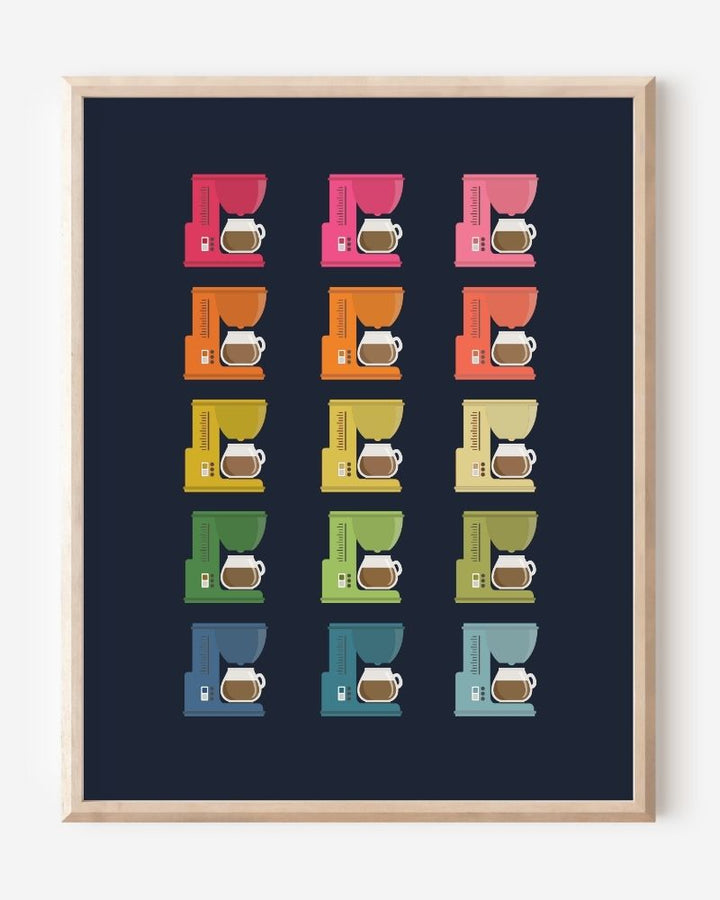 Modern art print featuring graphic colorful coffee makers in a minimalist grid on a navy background, a cheerful wall art piece for kitchen decor.