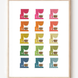 Modern art print featuring graphic colorful coffee makers in a minimalist grid on a white background, a cheerful wall art piece for kitchen decor.