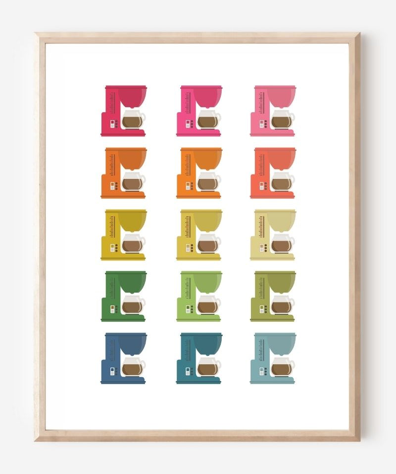 Modern art print featuring graphic colorful coffee makers in a minimalist grid on a white background, a cheerful wall art piece for kitchen decor.