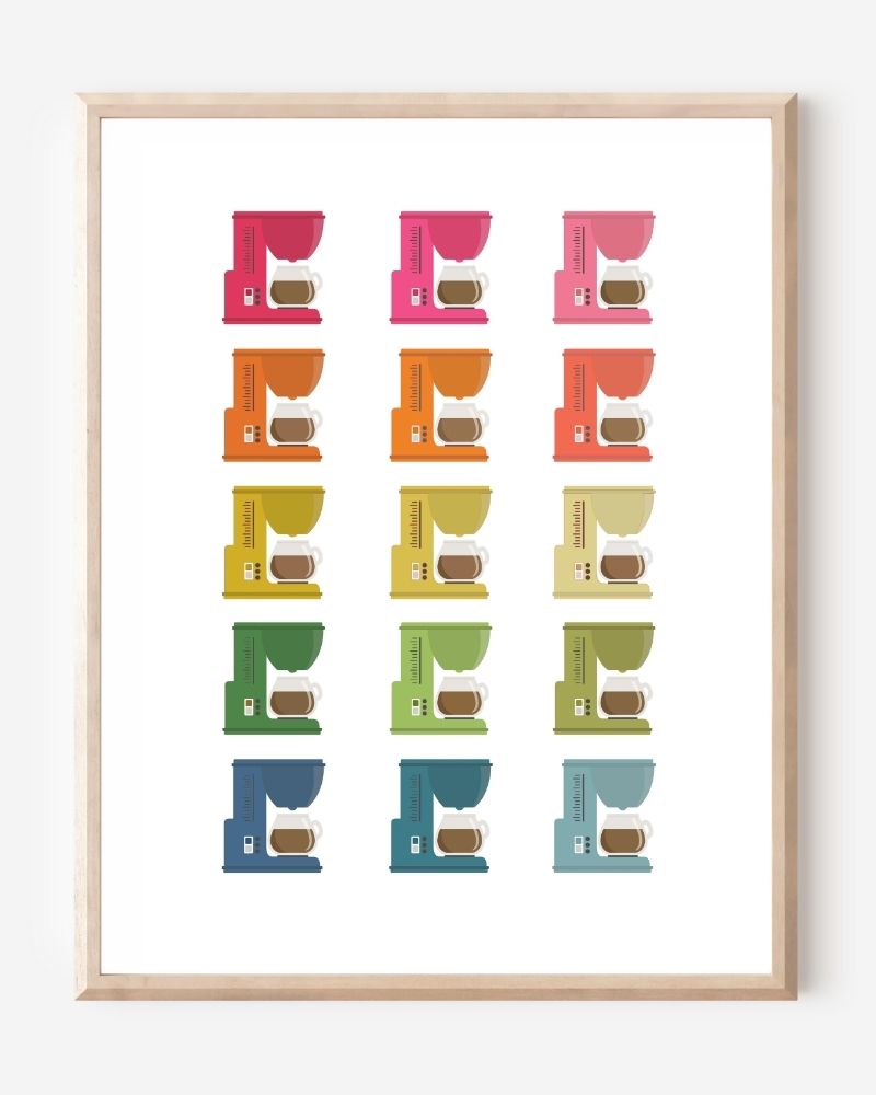 Modern art print featuring graphic colorful coffee makers in a minimalist grid on a white background, a cheerful wall art piece for kitchen decor.