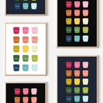 Framed art prints featuring minimalist illustrations of Dental Floss in rainbow hues on black, navy blue and white backgrounds.