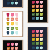 Framed art prints featuring minimalist illustrations of Dental Floss in rainbow hues on black, navy blue and white backgrounds.