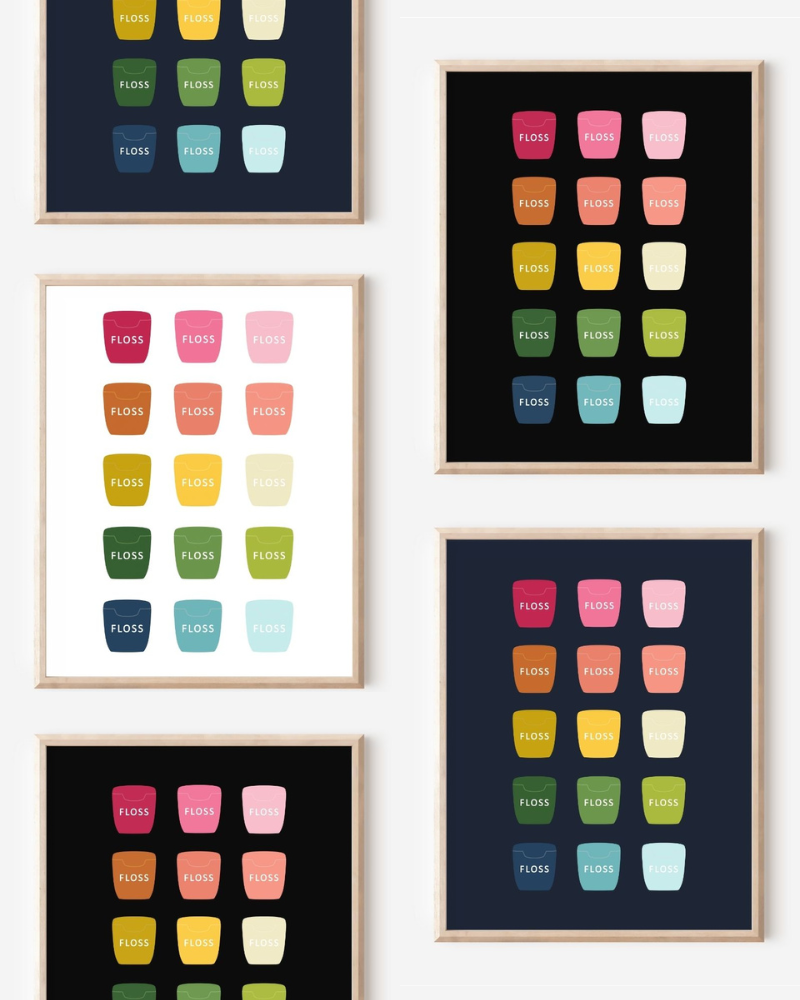Framed art prints featuring minimalist illustrations of Dental Floss in rainbow hues on black, navy blue and white backgrounds.