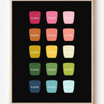 Bathroom wall art print of dental floss containers in rainbow hues arranged in a modern grid on black background.