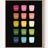 Bathroom wall art print of dental floss containers in rainbow hues arranged in a modern grid on black background.