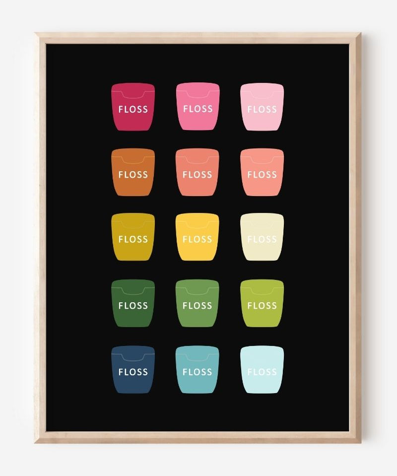 Bathroom wall art print of dental floss containers in rainbow hues arranged in a modern grid on black background.