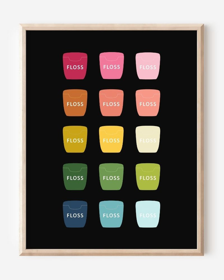 Bathroom wall art print of dental floss containers in rainbow hues arranged in a modern grid on black background.