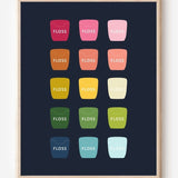 Bathroom wall art print of dental floss containers in rainbow hues arranged in a modern grid on navy background.