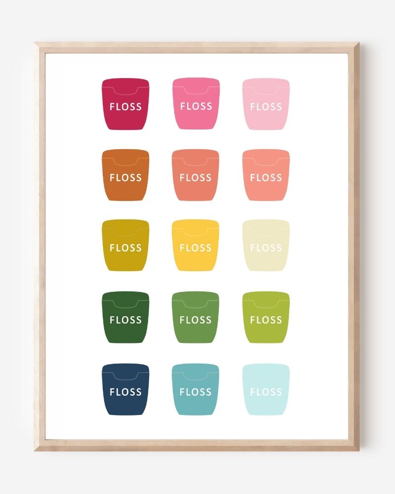 Bathroom wall art print of dental floss containers in rainbow hues arranged in a modern grid on white background.