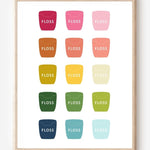 Bathroom wall art print of dental floss containers in rainbow hues arranged in a modern grid on white background.