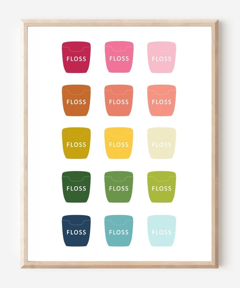 Bathroom wall art print of dental floss containers in rainbow hues arranged in a modern grid on white background.