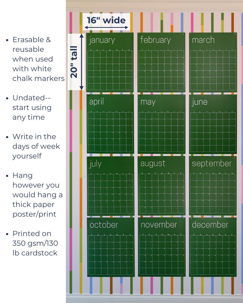 photo of large green reusable wall calendar with text overlay including product measurements and features of product