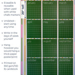 photo of large green reusable wall calendar with text overlay including product measurements and features of product