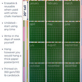 photo of large green reusable wall calendar with text overlay including product measurements and features of product