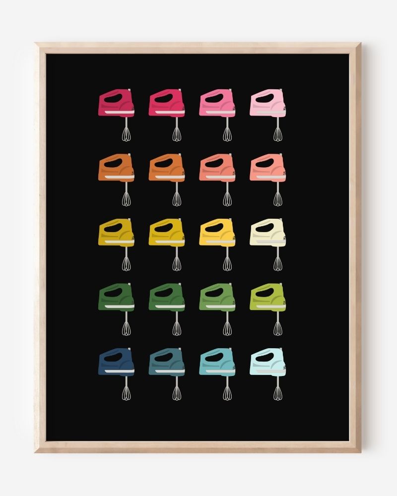 Minimalist art print of hand mixers in ombre rainbow hues on a black  background.