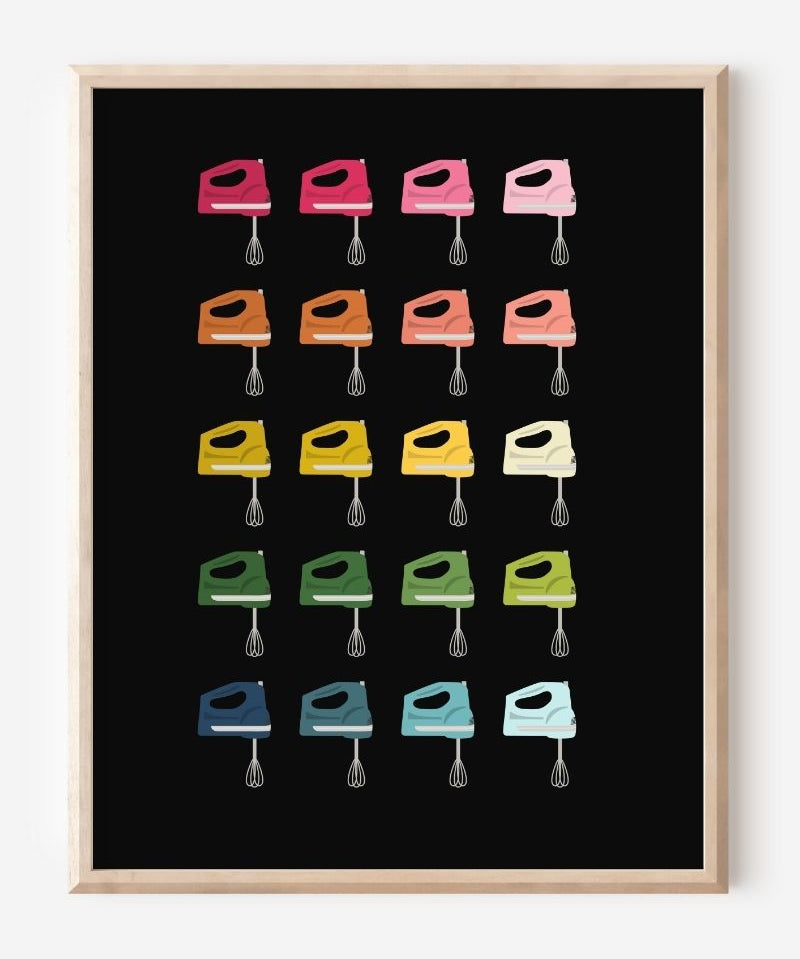 Minimalist art print of hand mixers in ombre rainbow hues on a black  background.