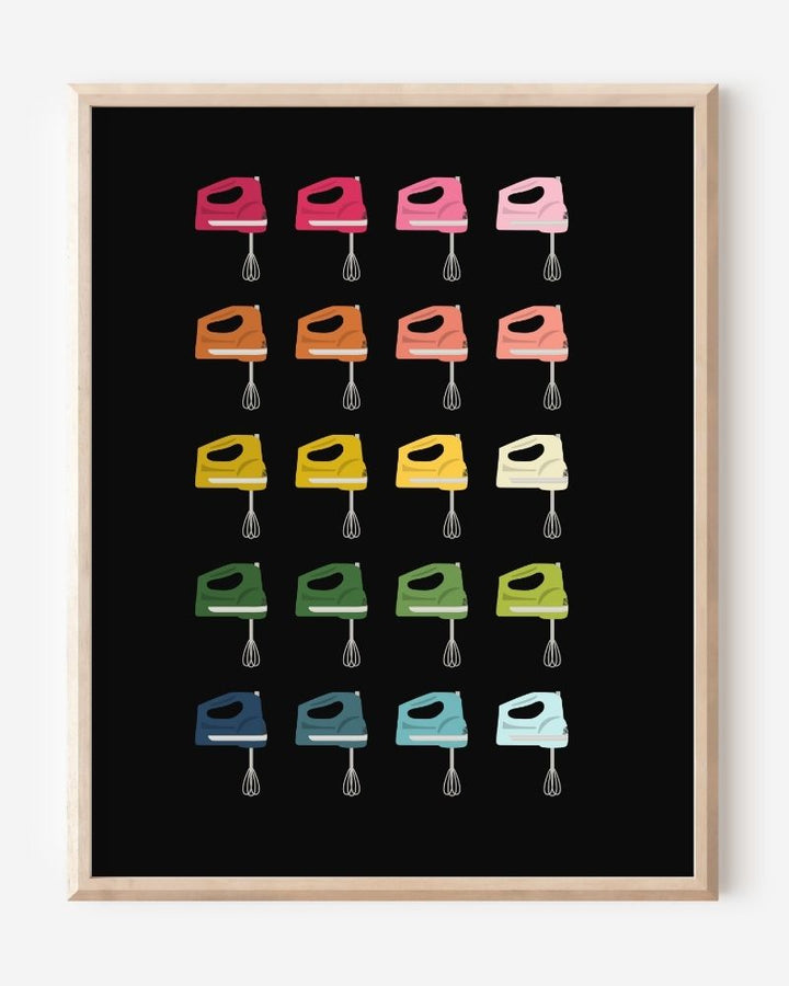 Minimalist art print of hand mixers in ombre rainbow hues on a black  background.