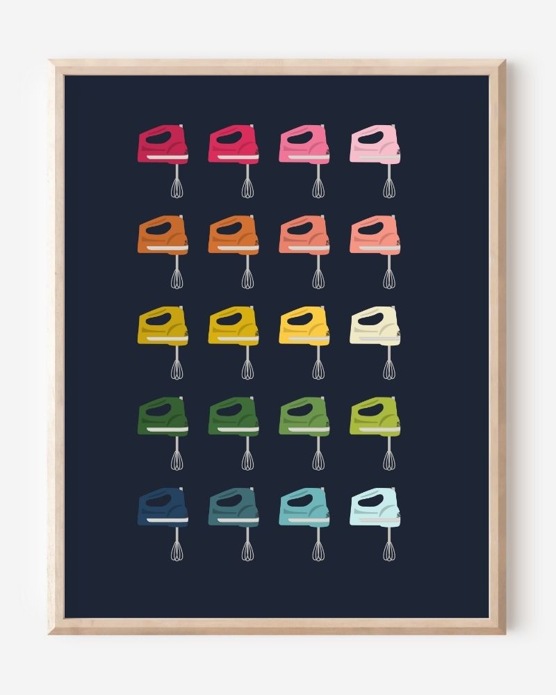 Minimalist art print of hand mixers in ombre rainbow hues on a navy background.