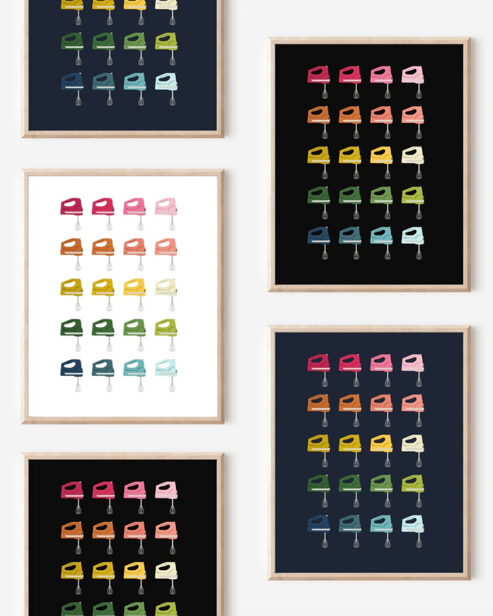Framed art prints featuring minimalist illustrations of Hand Mixers in rainbow hues on black, navy blue and white backgrounds.