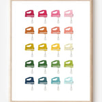 Minimalist art print of hand mixers in ombre rainbow hues on a white background.