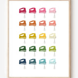 Minimalist art print of hand mixers in ombre rainbow hues on a white background.