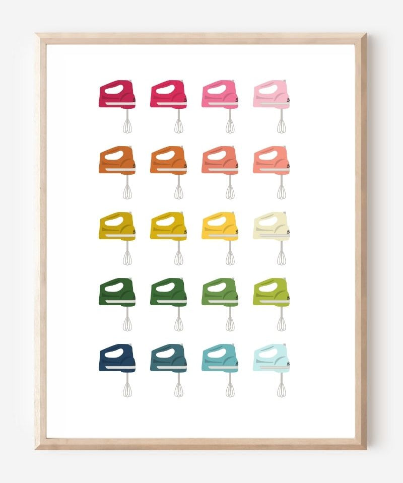 Minimalist art print of hand mixers in ombre rainbow hues on a white background.