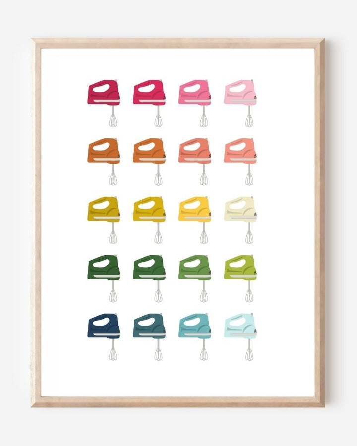 Minimalist art print of hand mixers in ombre rainbow hues on a white background.