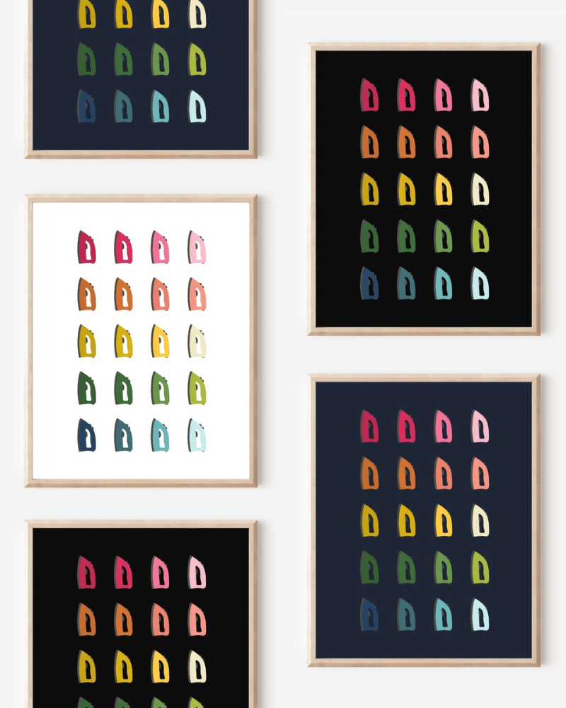 Framed art prints featuring minimalist illustrations of Irons in rainbow hues on black, navy blue and white backgrounds.