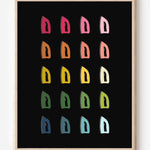 Laundry room wall art print of irons in rainbow hues arranged in a modern grid on a black background--a fun pop of color for laundry or utility spaces.