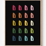 Laundry room wall art print of irons in rainbow hues arranged in a modern grid on a black background--a fun pop of color for laundry or utility spaces.