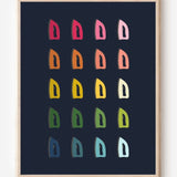 Laundry room wall art print of irons in rainbow hues arranged in a modern grid on a navy blue background--a fun pop of color for laundry or utility spaces.