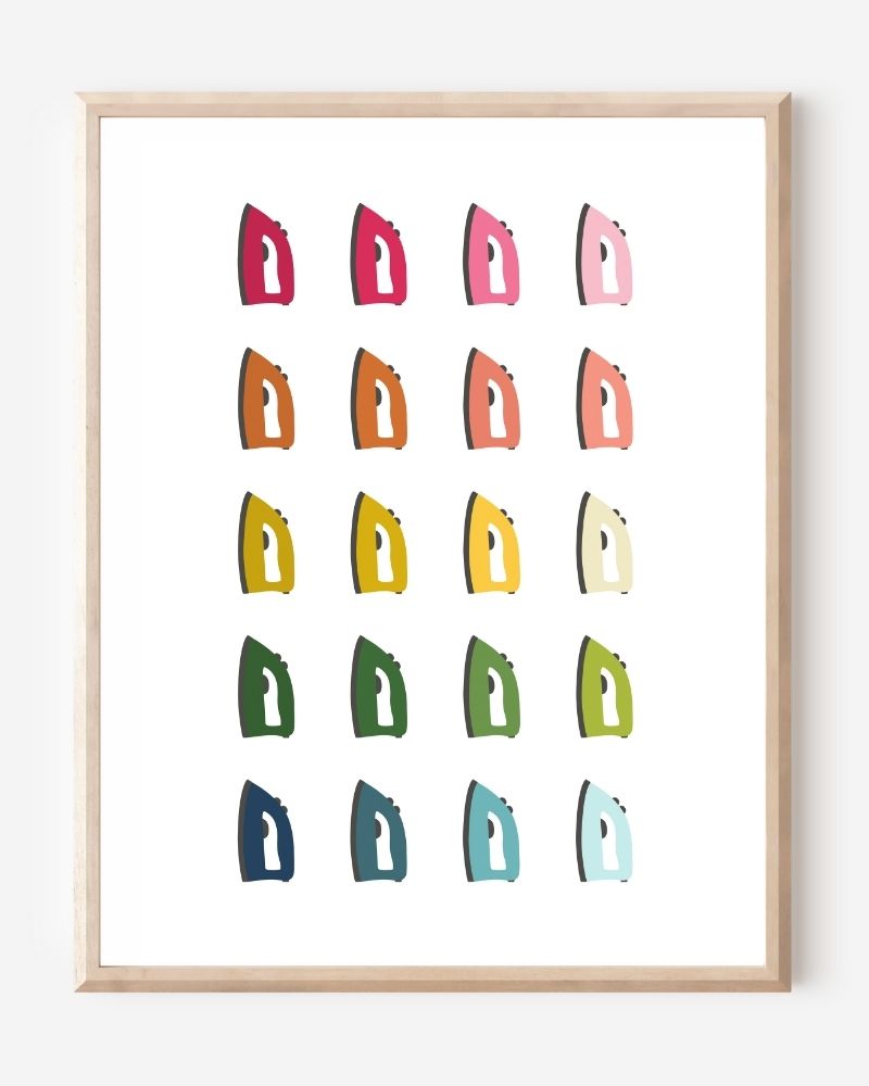 Laundry room wall art print of irons in rainbow hues arranged in a modern grid on a white background--a fun pop of color for laundry or utility spaces.