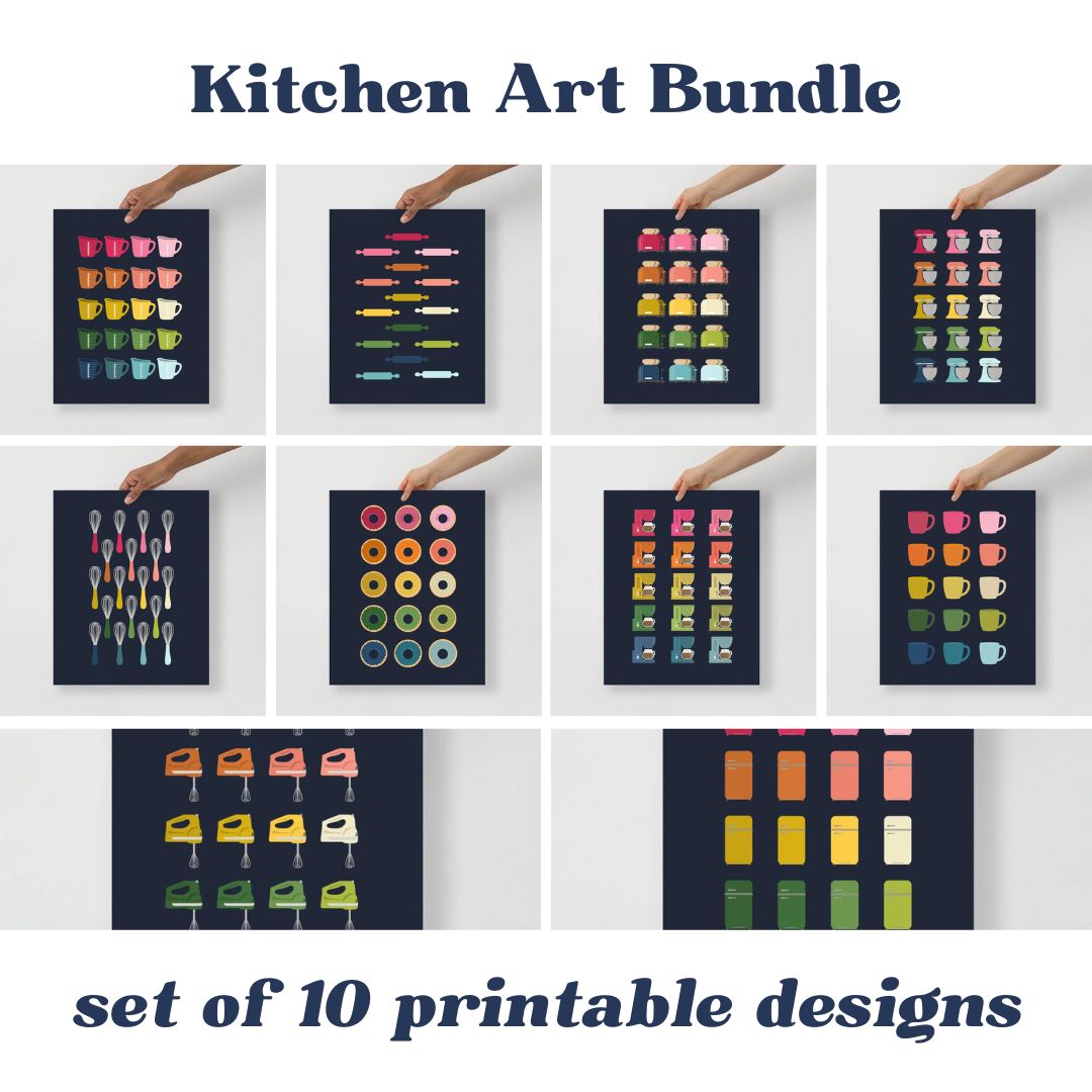 Colorful Kitchen Art Printable Bundle | 10 Designs |  Navy Background