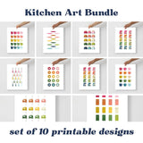 Colorful Kitchen Art Printable Bundle | 10 Designs | White Background