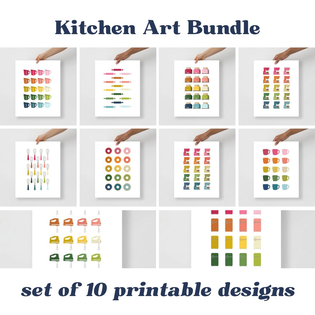 Colorful Kitchen Art Printable Bundle | 10 Designs | White Background