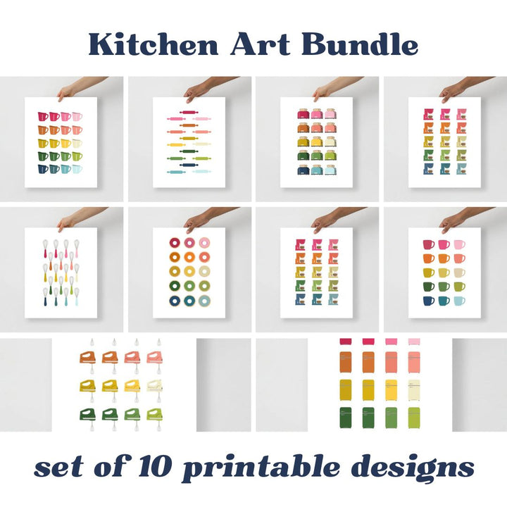 Colorful Kitchen Art Printable Bundle | 10 Designs | White Background