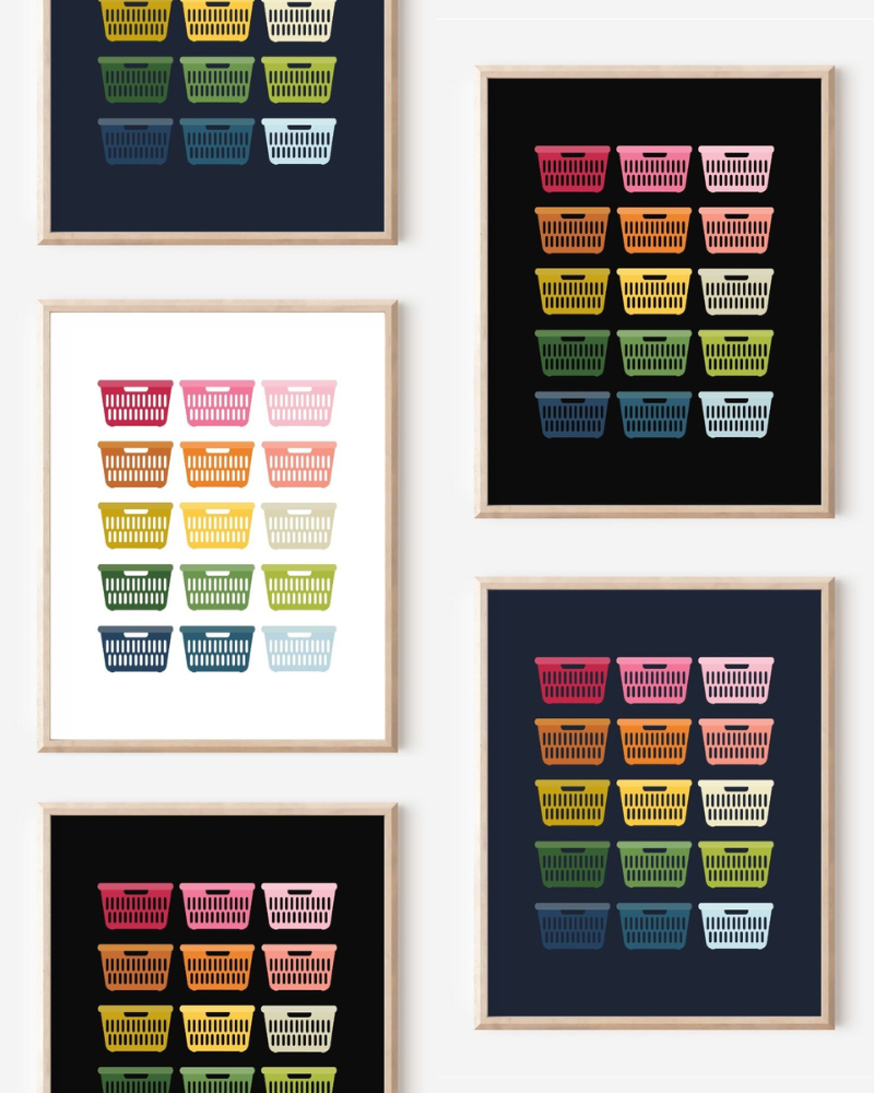Framed art prints featuring minimalist illustrations of Laundry Baskets in rainbow hues on black, navy blue and white backgrounds.