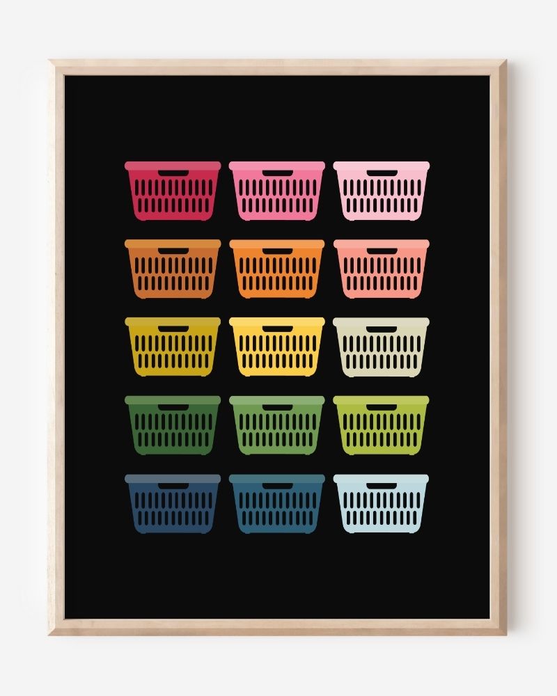 Framed art print of colorful laundry baskets in a modern grid on a black background, perfect for laundry room decor.