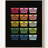 Framed art print of colorful laundry baskets in a modern grid on a black background, perfect for laundry room decor.