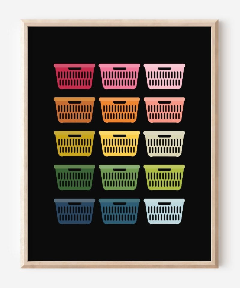 Framed art print of colorful laundry baskets in a modern grid on a black background, perfect for laundry room decor.