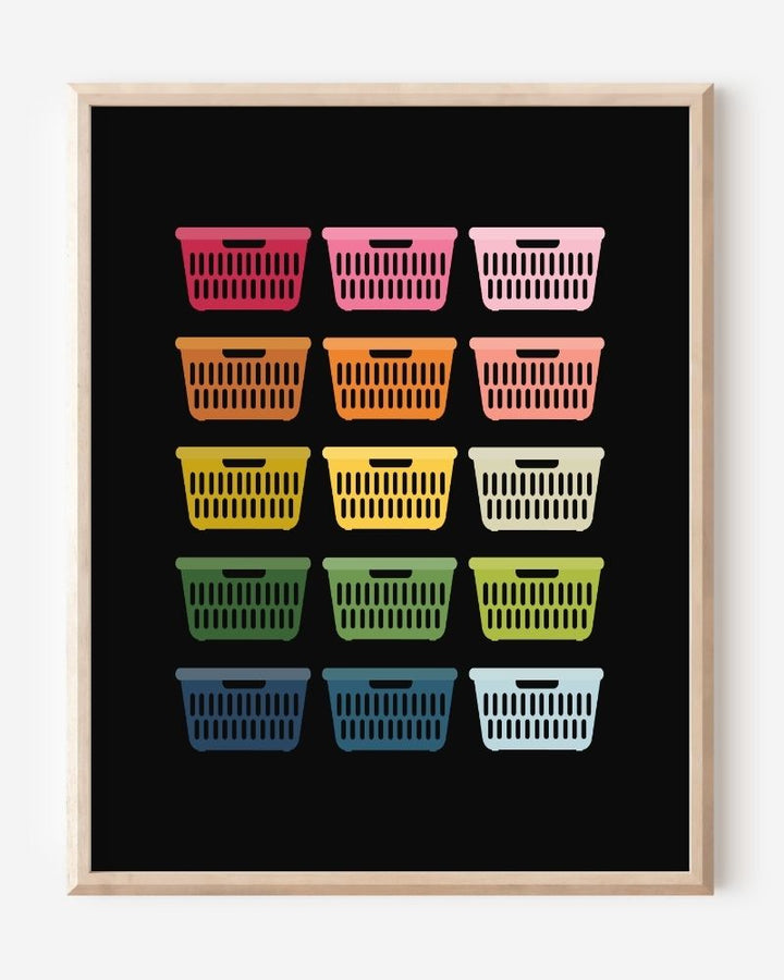 Framed art print of colorful laundry baskets in a modern grid on a black background, perfect for laundry room decor.