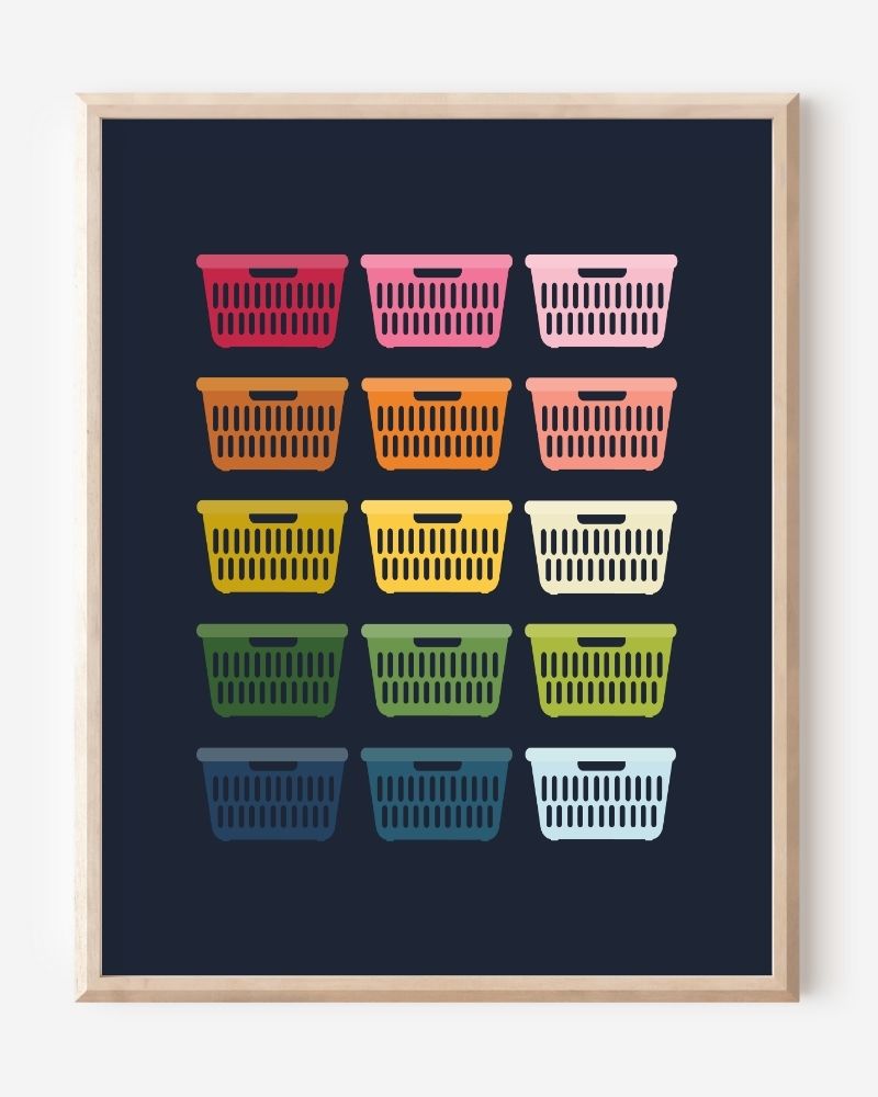 Framed art print of colorful laundry baskets in a modern grid on a navy background, perfect for laundry room decor.