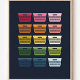 Framed art print of colorful laundry baskets in a modern grid on a navy background, perfect for laundry room decor.